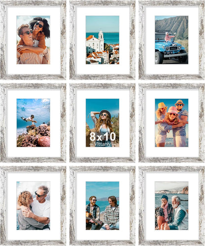 Vittanly 8x10 Picture Frames Set of 9, Shatter Resistant Plexiglass, Display 5x7 Pictures with Mat or 8x10 without Mat, Photo Frames for Wall or Tabletop, Engineered Wood, Black - Colors A