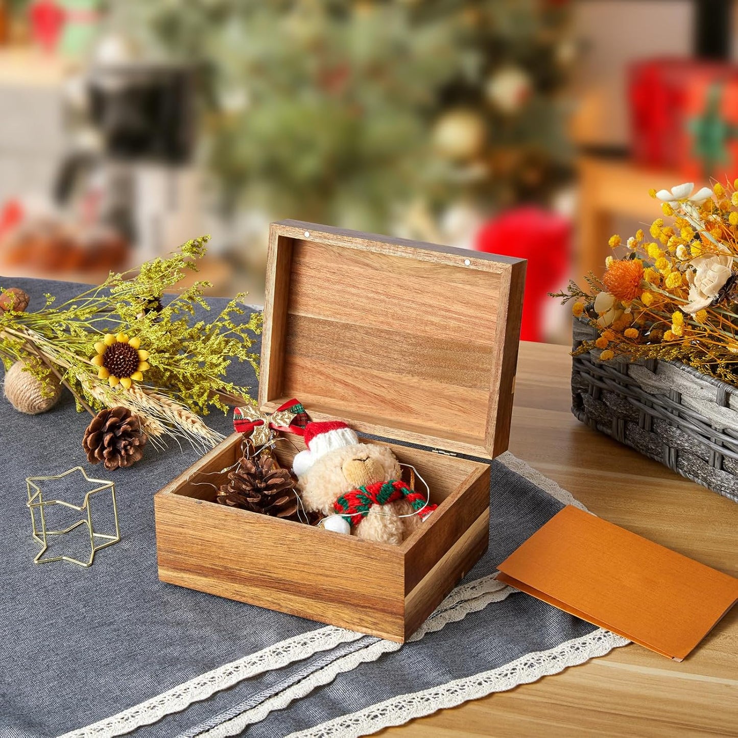 DRASTAR Wooden Keepsake Box, Large Acacia Storage Memory Box with a Hinged Lid for Crafts and Photo Storage