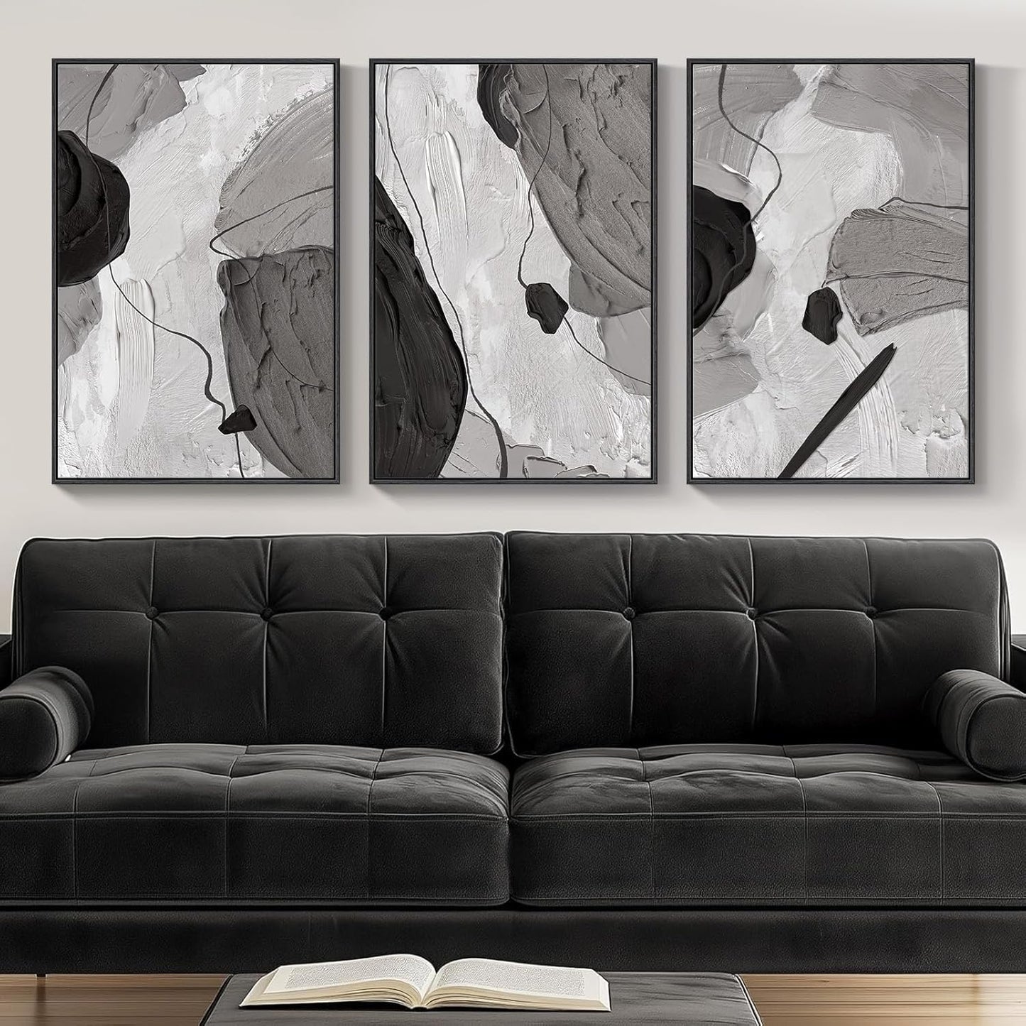 Large Framed Black and White Abstract Wall Art for Living Room, 3 Piece Big Modern Canvas Prints Paintings Artwork for Walls, Minimalist Abstract Art Pictures for Hallway, Office Wall Decor 24x36 In