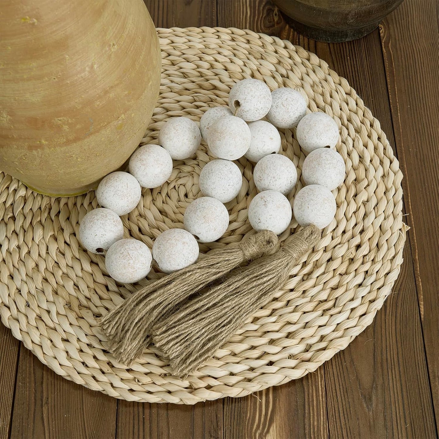 OMISHE Extra Large Wood Bead Garland with 1.6" Diameter Wooden Beads and Tassels, 41" Long Rustic Farmhouse Country Decorative Beads for Home Tiered Tray Decor, Natural Beige
