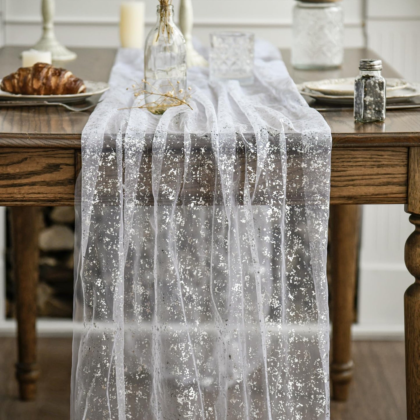 Artoid Mode Beige Gold Gauze Table Runner 120 Inch 10FT, Glitter Metallic Foil Sheer Dining Wedding Anniversary Holiday Birthday Table Decor for Home Party