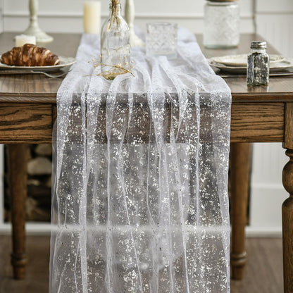 Artoid Mode Beige Gold Gauze Table Runner 120 Inch 10FT, Glitter Metallic Foil Sheer Dining Wedding Anniversary Holiday Birthday Table Decor for Home Party