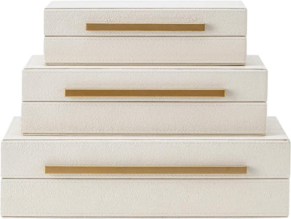 XIGEXIGE Set of 3 Beige Shagreen Decorative Storage Boxes with Black Metal Handles –Faux Leather Large Modern Stackable Nesting Jewelry Box with Lids Organizer