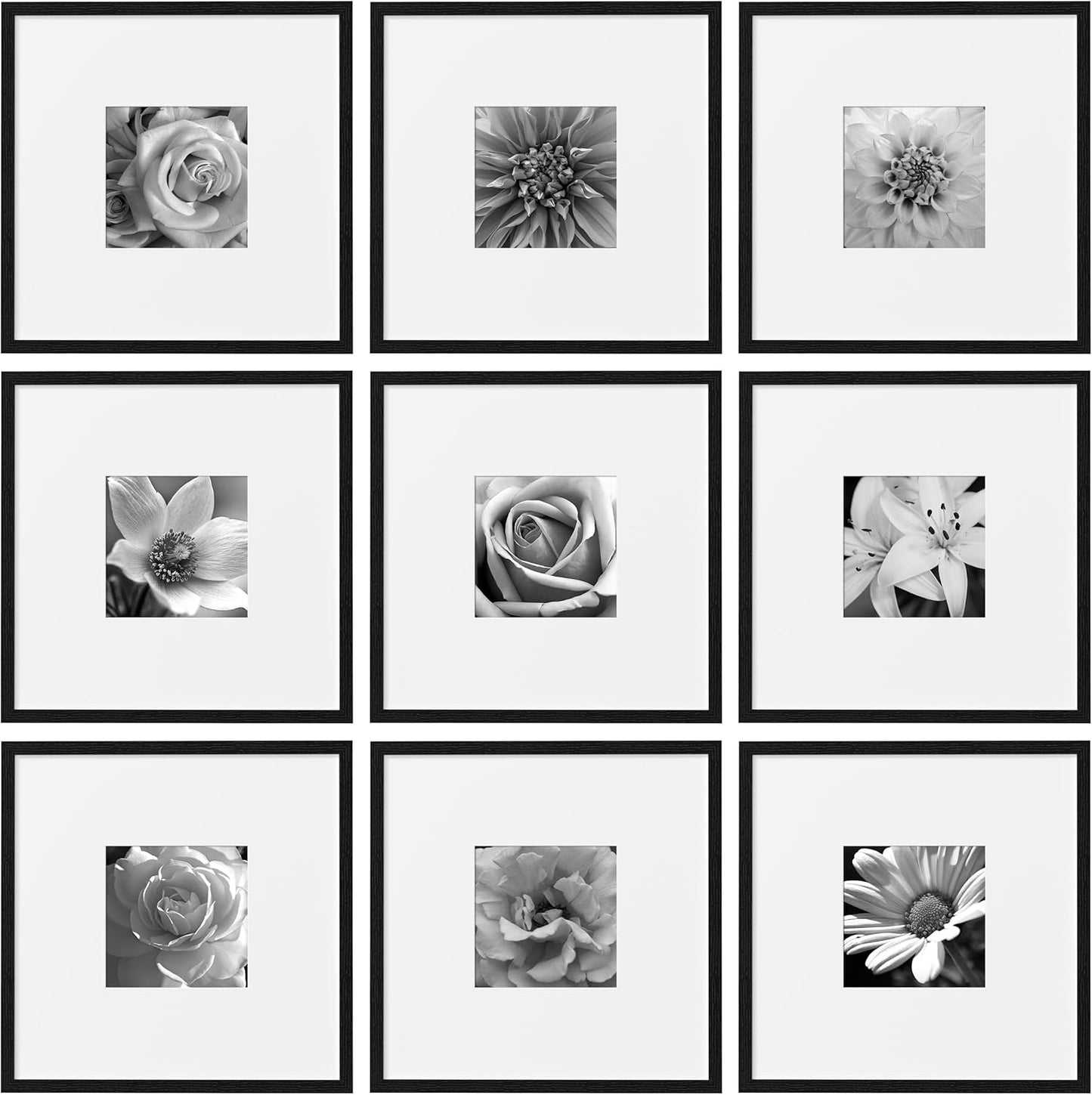 eletecpro 12x12 Picture Frames Set of 9 with Clear Acrylic Cover, Display 8x8 Photos with Mat or 12x12 Without, Classic and Sturdy Square Collage Gallery Wall Decor, Easy Wall Mount, Black