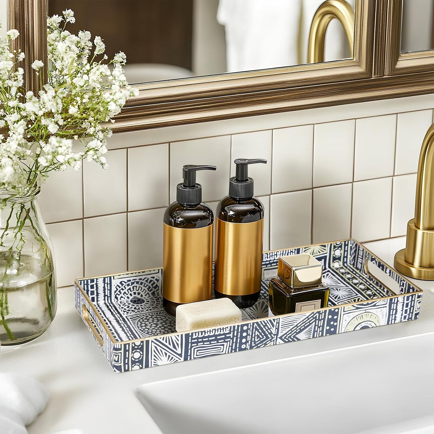 MAONAME White Decorative Tray, Plastic Serving Tray with Handles, Rectangular Moroccan Trays, Long Narrow Trays for Bathroom, Kitchen Counter, 13.8" X 6" X 1.57"
