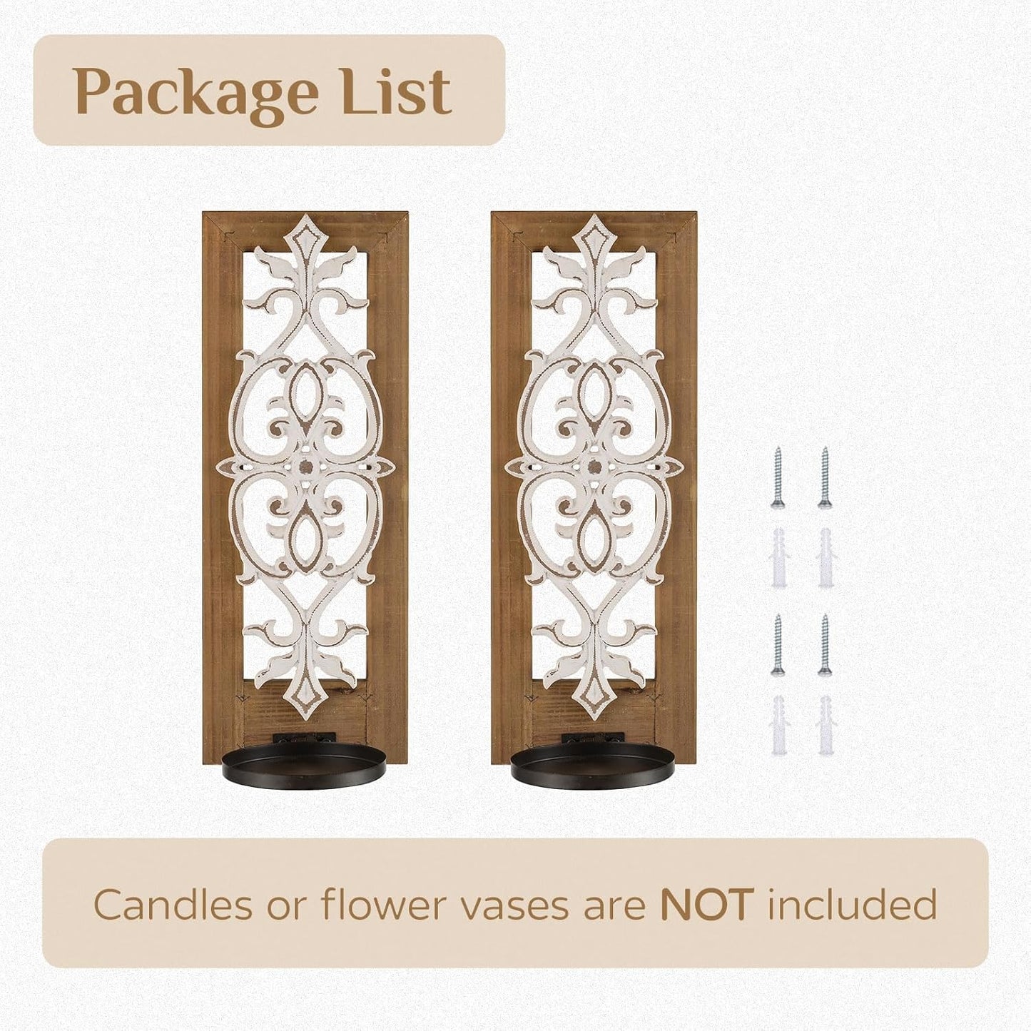 Farmhouse Wood Candle Sconces Wall Decor - Set of 2 Walasis Rustic Wall Candle Holder Decorative Carved Brown Candle Sconce Farmhouse Art Distressed Pillar Candles Holder for Fireplace Decor