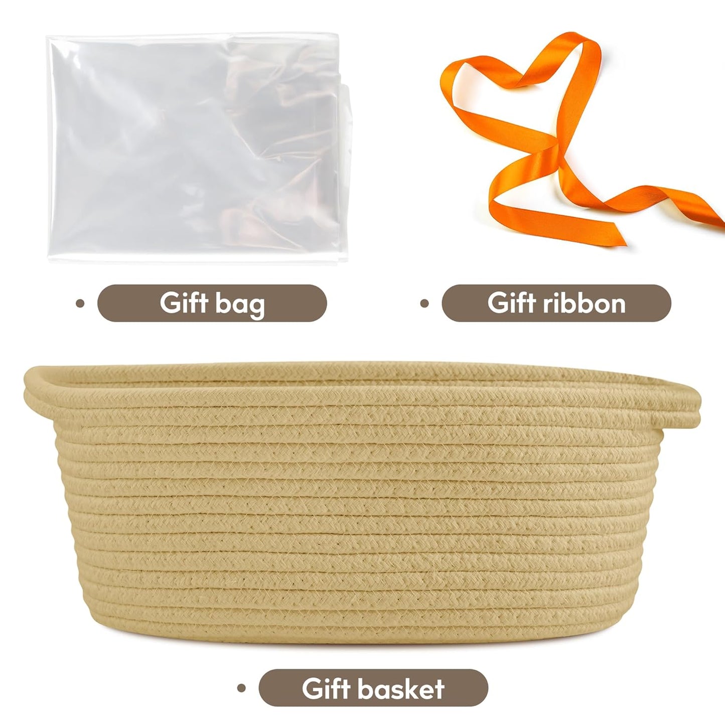 Pro Goleem Small Woven Basket with Gift Bags and Ribbons Durable Baskets for Mothers Day Gifts Empty Small Rope Basket for Storage 12"X 8" X 5" Baby Toy Baskets with Handles, White