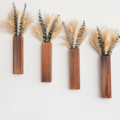Set of 2 Wooden Vases with Pampas Grass and Eucalyptus – Boho Decor for Living Room, Modern Farmhouse Entryway or Bathroom, Rustic Art for Home Decoration