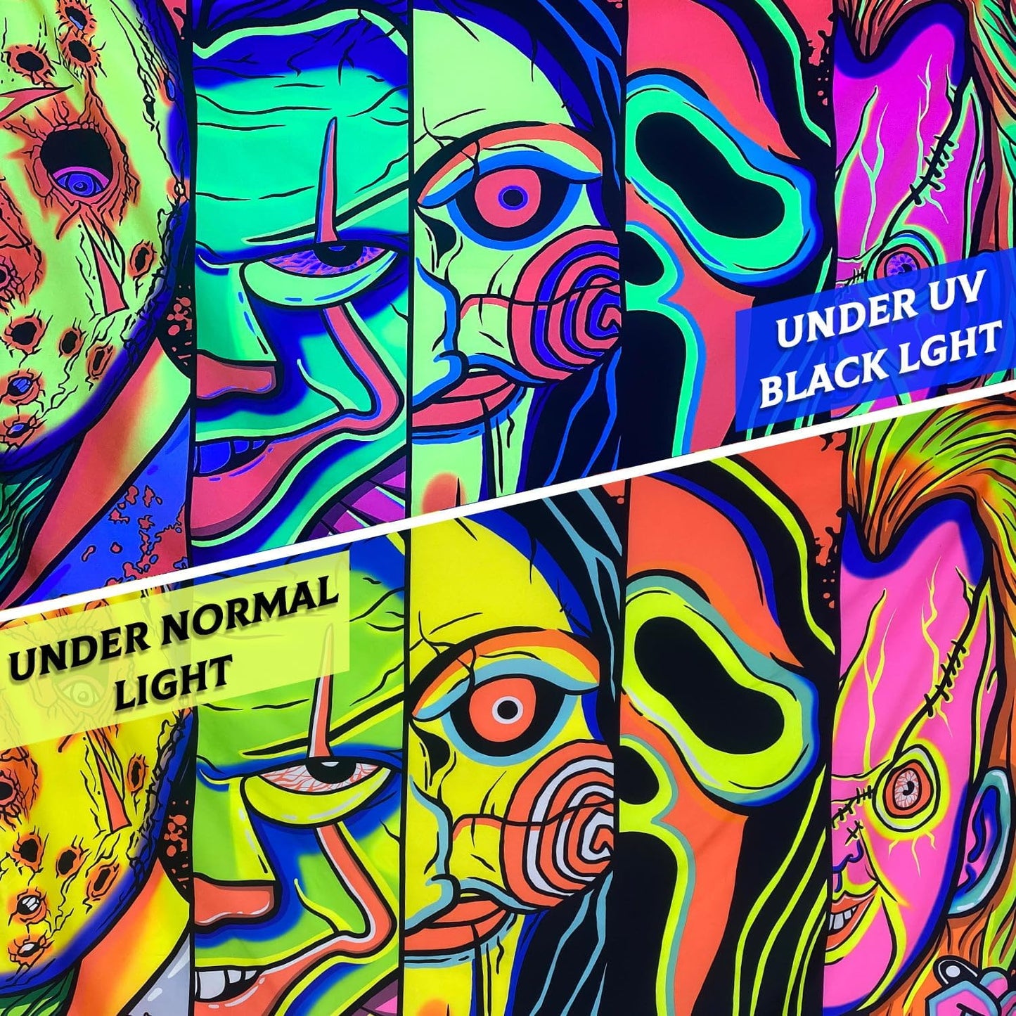 ARTCREATOR Black Light Art Halloween Wall Decor Trippy Blacklight Horror Face Tapestry, UV Reactive Tapestries Glow in The Dark Party Tapestry for Bedroom, Living Room (29" x 37")