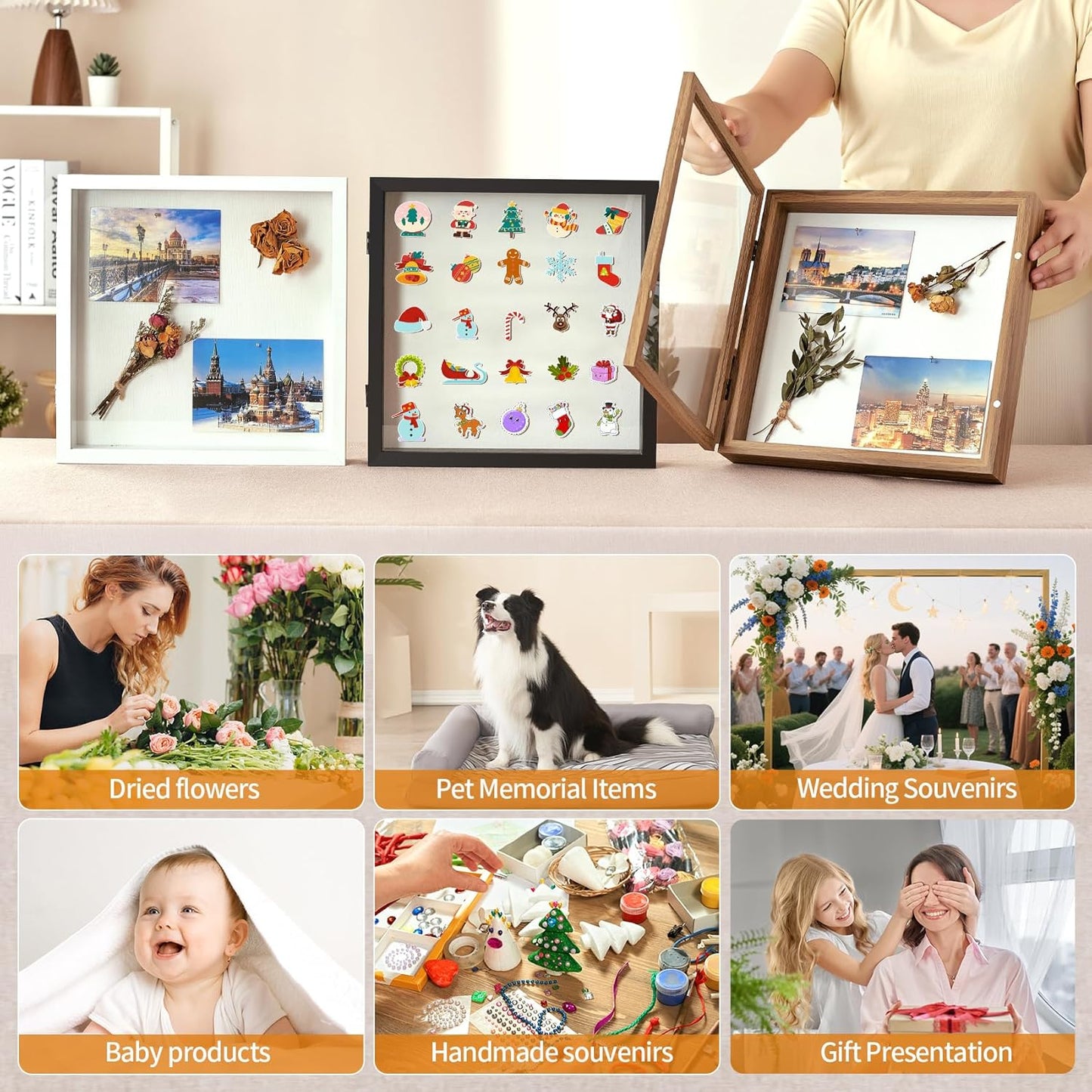 8x10 Deep Shadow Box Picture Frame Display Case with Linen Back and Stand,Real Glass Black Shadow Memory Box Frame 8x10 for Flower Baby Pet Wedding Photo Art Craft Memorial Wall Decor Gift