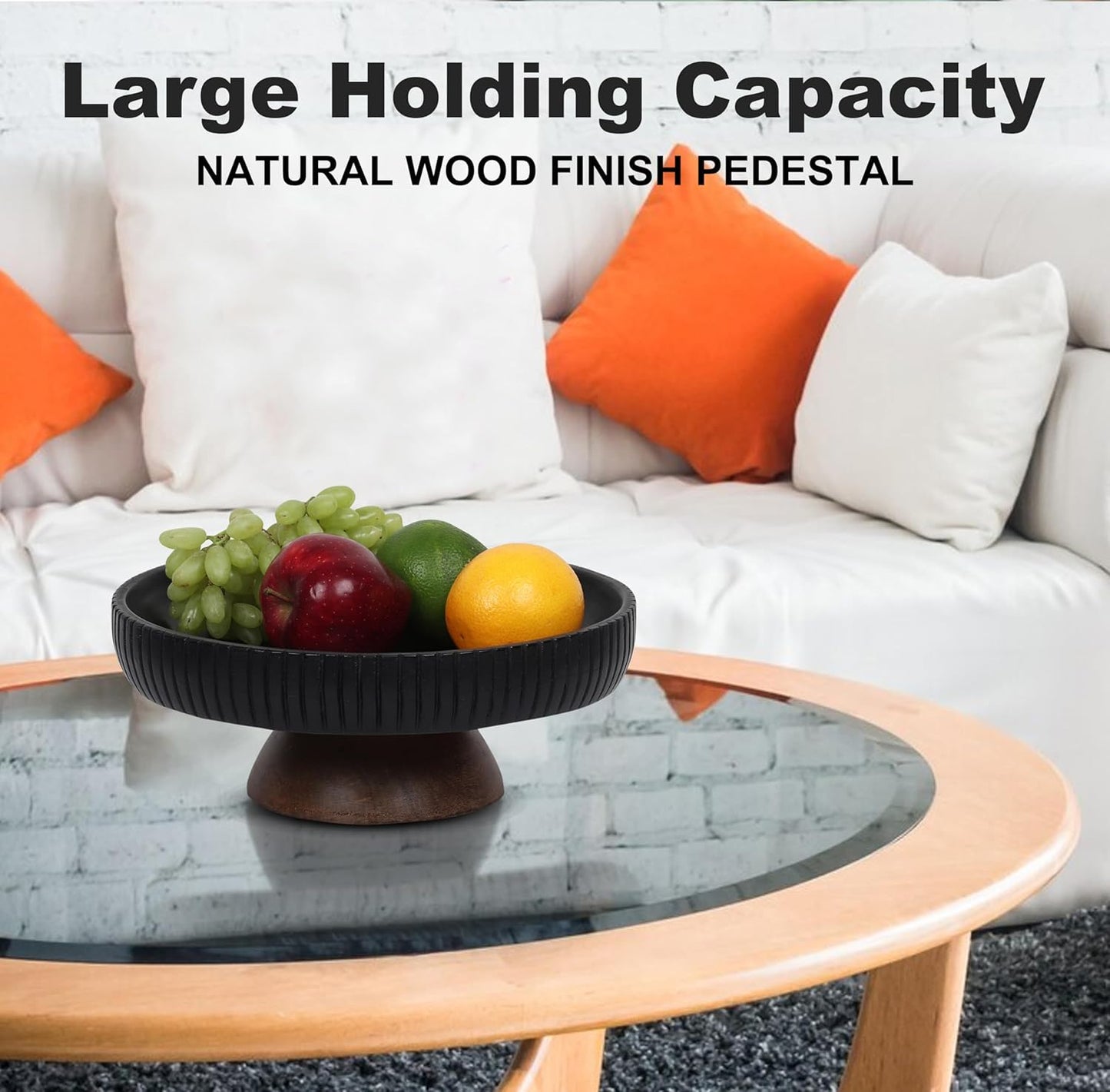 Mango Wood fruit bowl, Decorative black bowl with natural finish pedestal | 12" dia | Dual tone look | Use as Centerpiece for kitchen counter or dining table (Black)