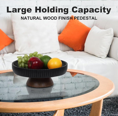 Mango Wood fruit bowl, Decorative black bowl with natural finish pedestal | 12" dia | Dual tone look | Use as Centerpiece for kitchen counter or dining table (Black)