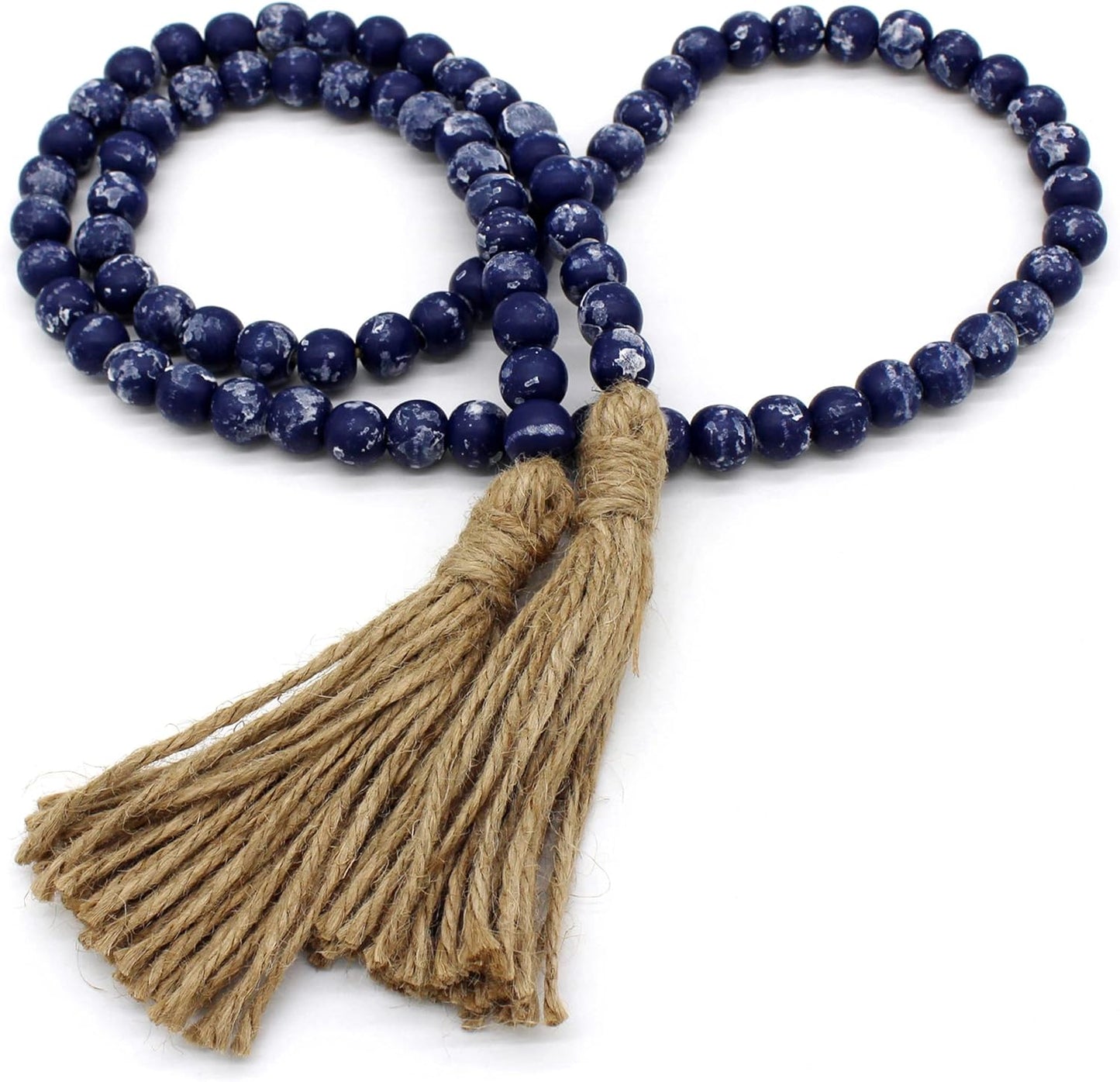 CVHOMEDECO. Wood Beads Garland with Tassels Farmhouse Rustic Wooden Prayer Bead String Wall Hanging Accent for Home Festival Decor. Mix Distressed