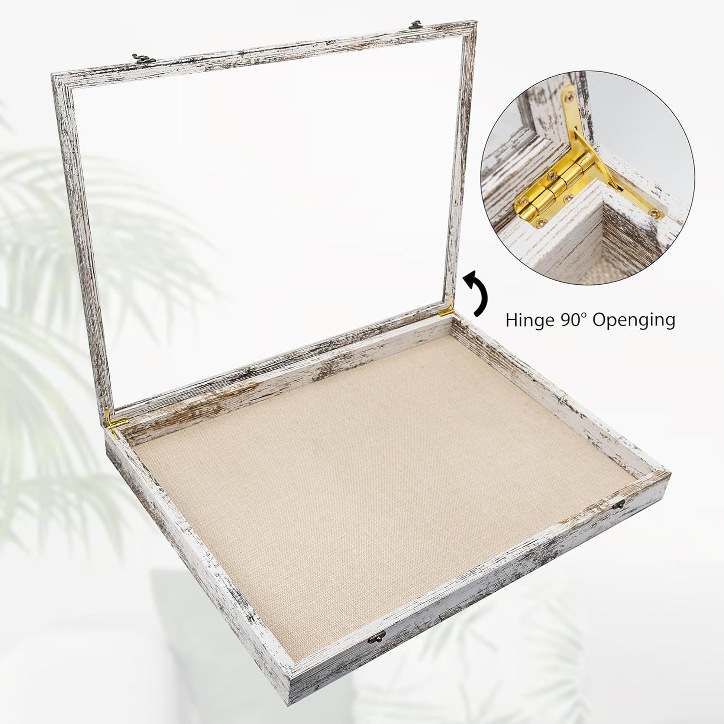 GraduationMall 13x16 Wood Shadow Box Frame Glass Door Display Case with Linen Back and 6 Stick Pins,1.5 inches Interior Depth,Ideal for Memorabilia Pictures Flowers Medals Tickets Rustic White