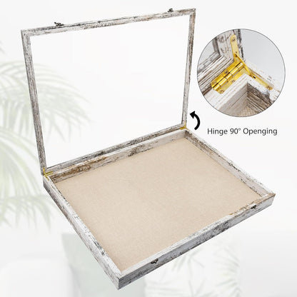 GraduationMall 13x16 Wood Shadow Box Frame Glass Door Display Case with Linen Back and 6 Stick Pins,1.5 inches Interior Depth,Ideal for Memorabilia Pictures Flowers Medals Tickets Rustic White