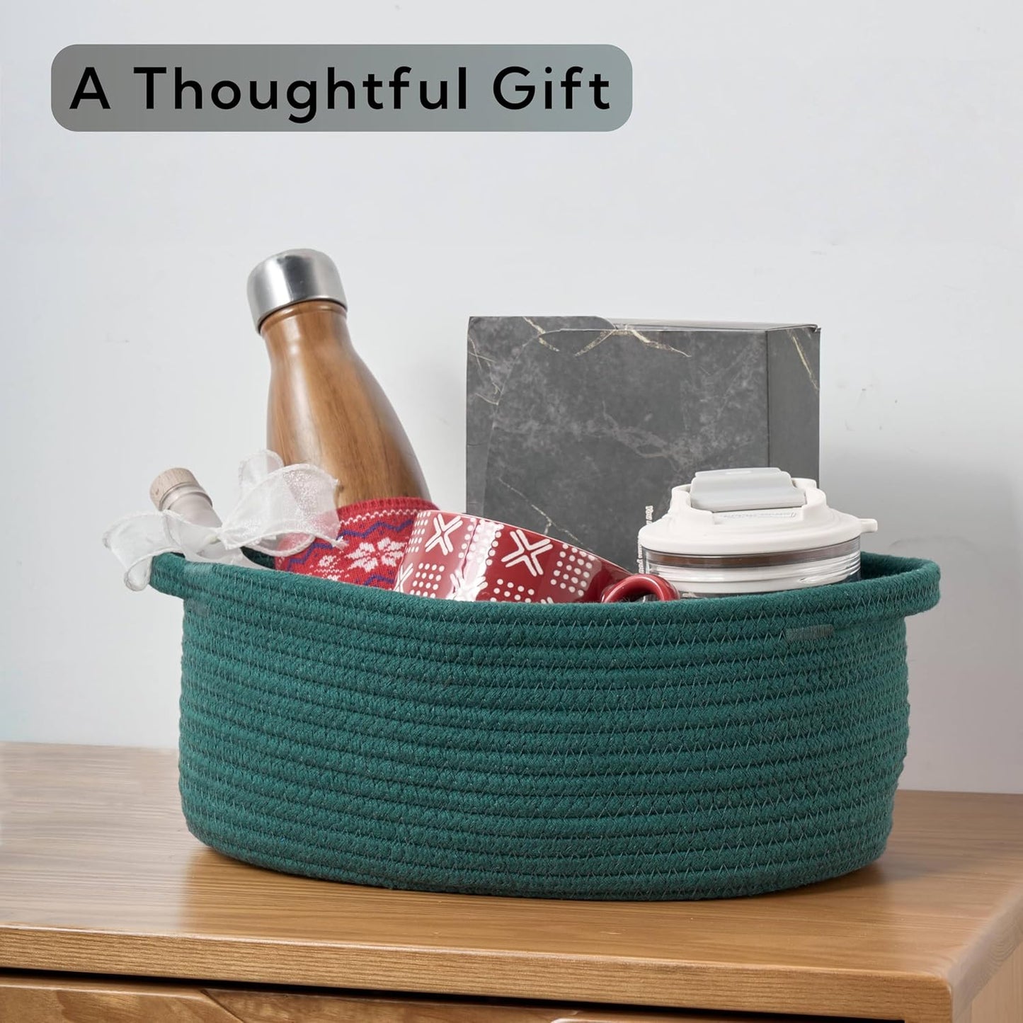Small Woven Gift Basket Empty with Bag & Ribbon - Gifts for Mom, Baby Shower, Birthdays & Raffle - Cotton Rope Storage Basket for Dog Toys or Shelf - 12"x8"x5", White