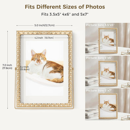 RICHFOCUS Gold 5x7 Floating Picture Frame for Photo 4x6 3.5x5 | 5 x 7 Metal Picture Frames with Double Glass for Tabletop|Modern Photo Frames Wedding|Home Decor