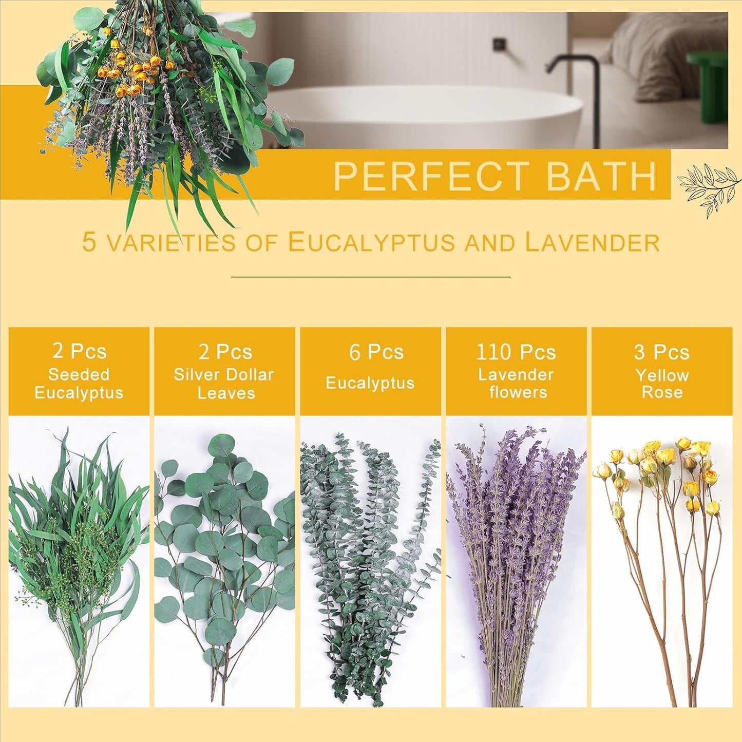 52 PCS Mix Dried Eucalyptus & Lavender Flowers Bundles for Shower, 17'' Natural Real Hanging Silver Dollar Eucalyptus Leaves Stems, Fragrance Fresh Plants Home Bathroom Decor (52pcs)