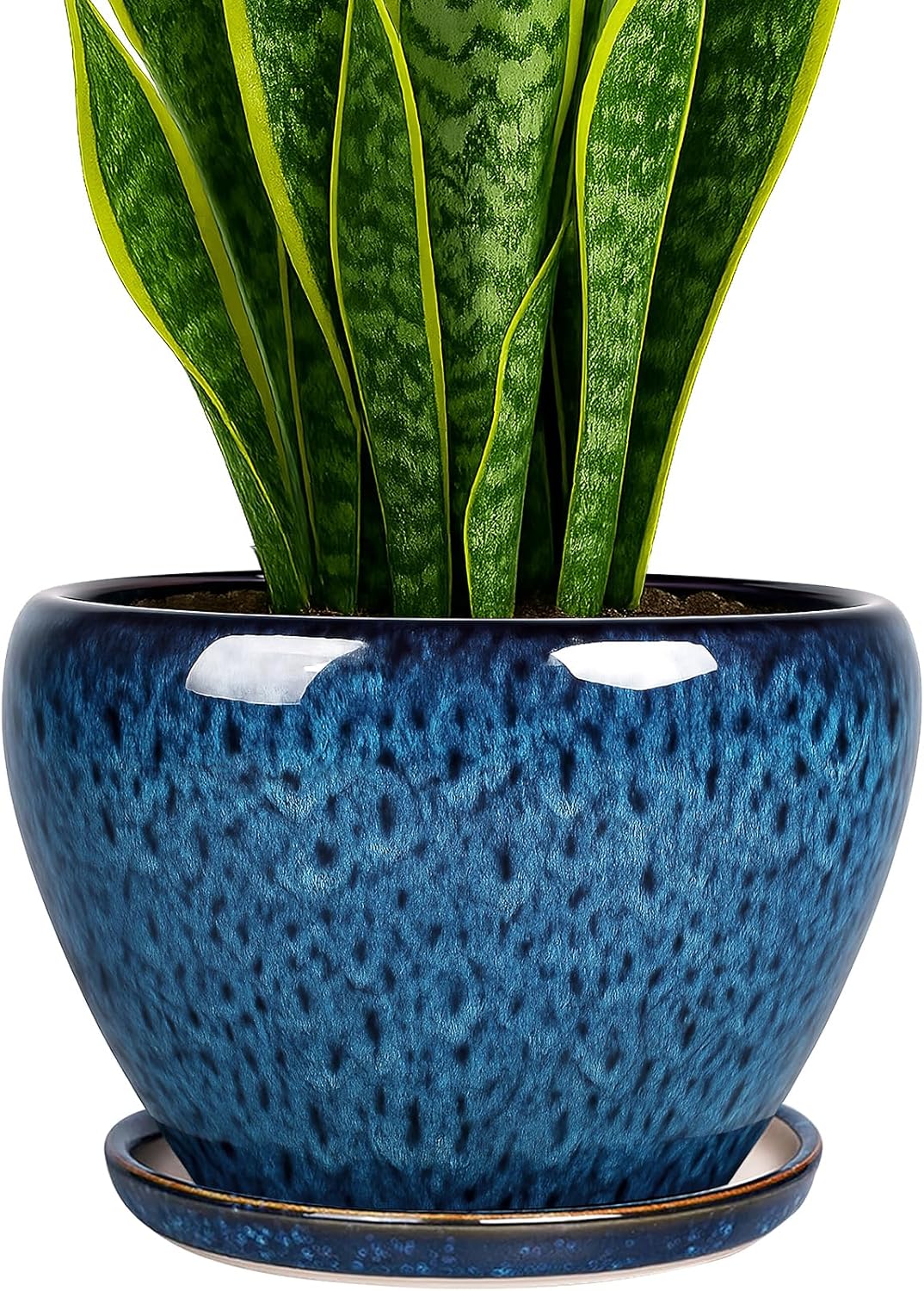 Deep Dream 6 Inch Plant Pots- Ceramic Planter Pot with Drainage Hole and Saucer, Round Flower Pot for Indoor Outdoor Succulent, Snake Plants and Cactus, Blue