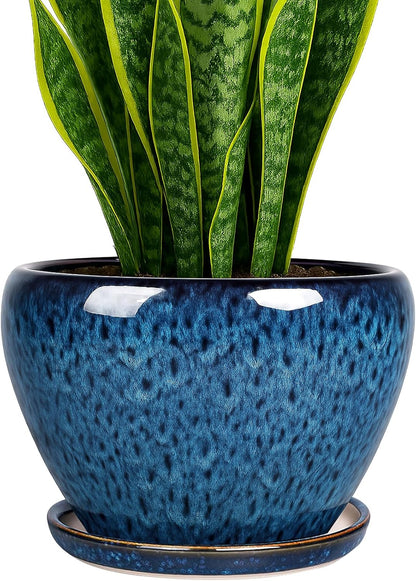 Deep Dream 6 Inch Plant Pots- Ceramic Planter Pot with Drainage Hole and Saucer, Round Flower Pot for Indoor Outdoor Succulent, Snake Plants and Cactus, Blue