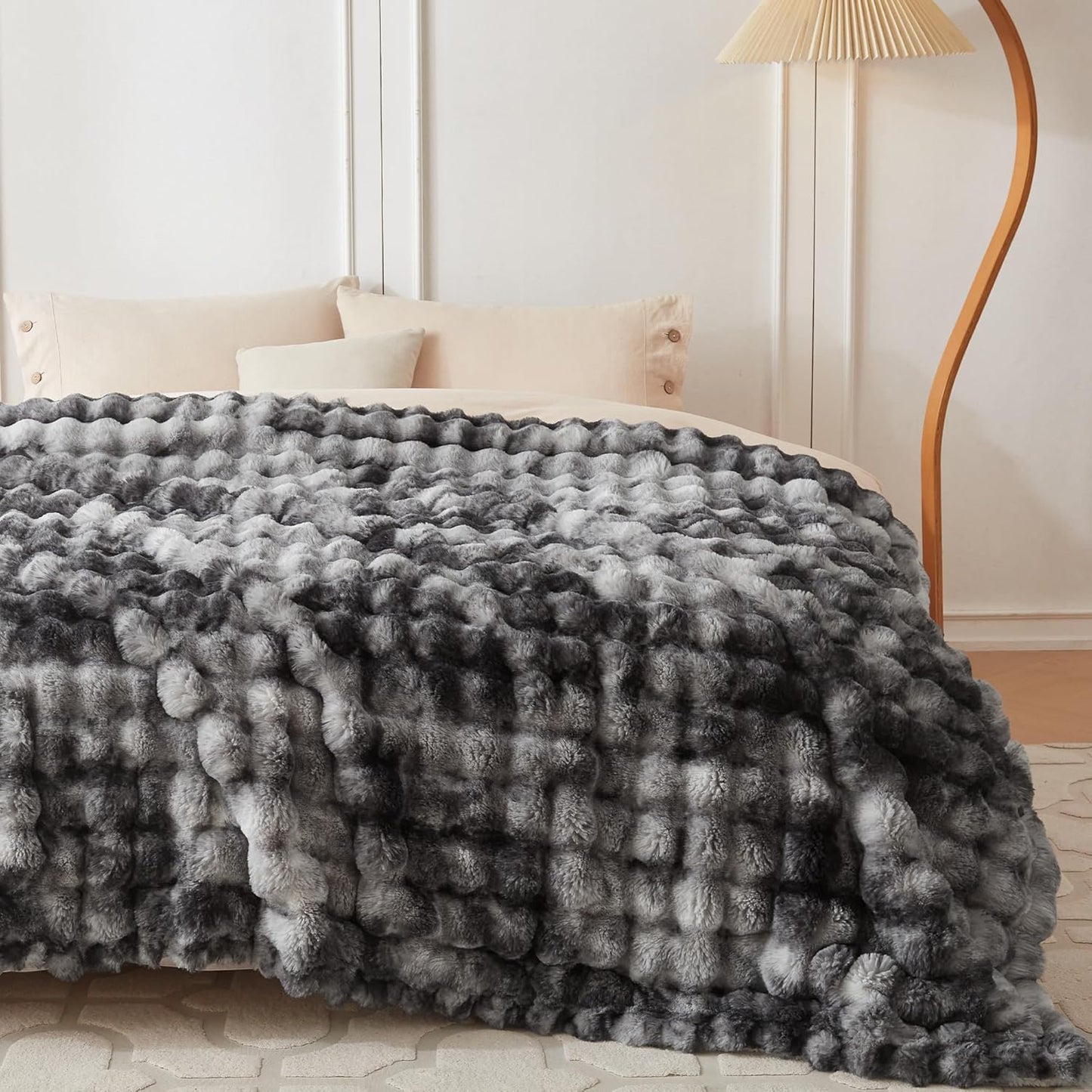 COOVA Faux Fur Throw Blanket for Couch, Cozy Soft and Fuzzy Plush Rabbit Fur Bubble Blanket for Sofa Bedroom Living Room, 50x60 Inches Tie Dye Brown