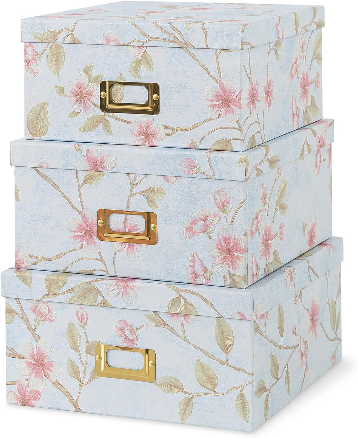 Soul & Lane Decorative Cardboard Storage Boxes - Set of 3 Square Stacking Boxes with Lids and Gold Label Holders, Nesting Photo Storage for Decor and Organizing, Botanical Sage