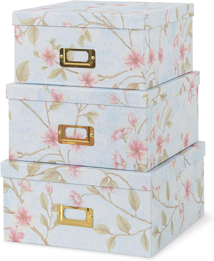 Soul & Lane Decorative Cardboard Storage Boxes - Set of 3 Square Stacking Boxes with Lids and Gold Label Holders, Nesting Photo Storage for Decor and Organizing, Botanical Sage