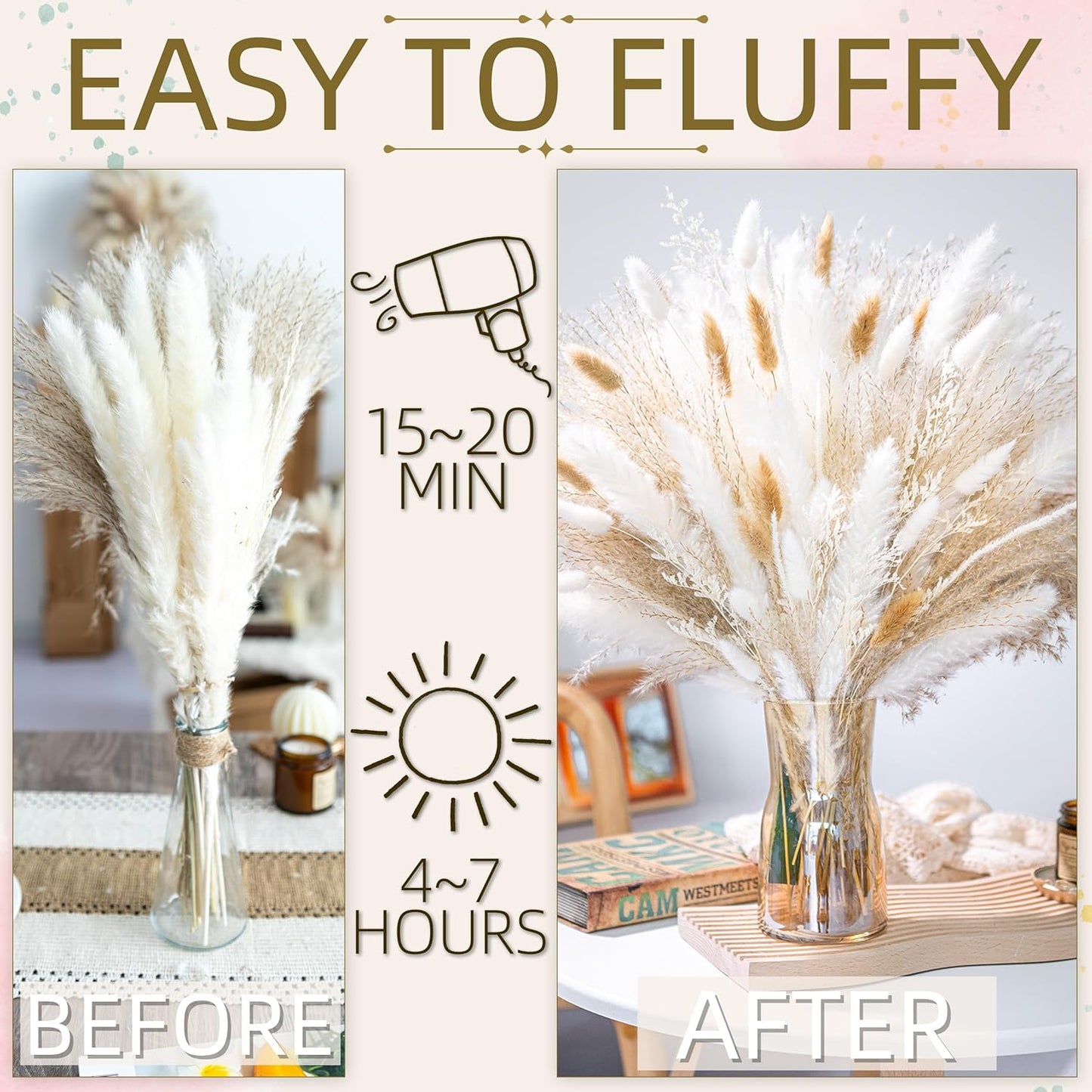 floradream 95 PCS Natural Pampas Grass Decor Bouquet | Boho Dried Floral Arrangement Centerpiece Table Decor Wedding Decor Rustic Decor, Natural, white, beige (Fdm-b-01)