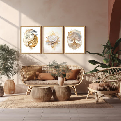 GELDSTEI Calm Zen Botanical Canvas Wall Art, White Lotus Blooming on Stones in Water Aesthetic Pictures, Yoga Spa Meditation Room Decor, Modern Spiritual Poster Prints for Zen Office Framed Set of 3, Each 12x16 Inch
