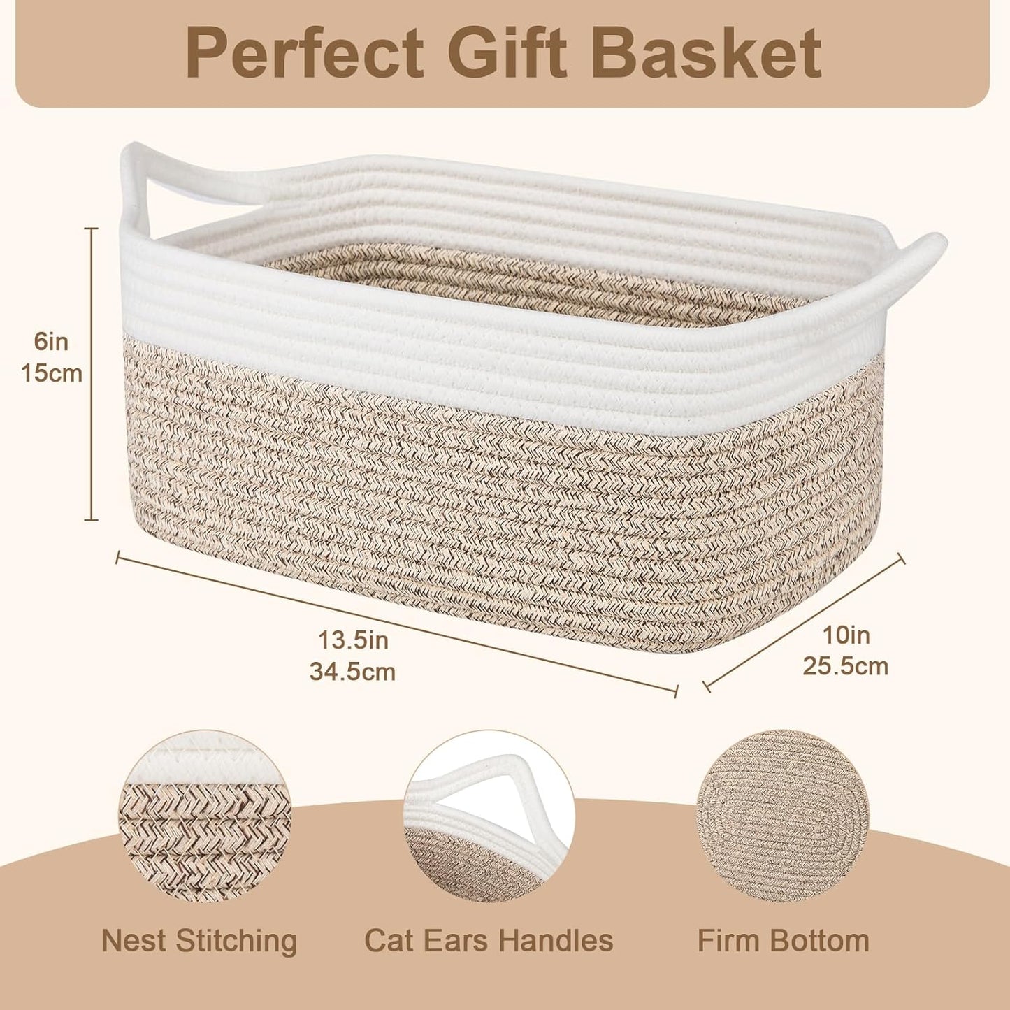 OIAHOMY Woven Basket, Gift Basket Empty with Gift Bags and Ribbons, Rope Baskets for Baby Showers, Storage Baskets with Handles for Nursery, Pet Toy Organizer - White