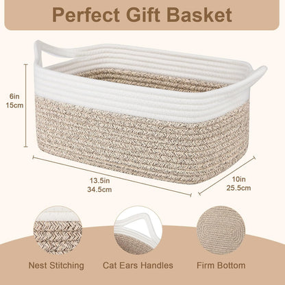 OIAHOMY Woven Basket, Gift Basket Empty with Gift Bags and Ribbons, Rope Baskets for Baby Showers, Storage Baskets with Handles for Nursery, Pet Toy Organizer - White
