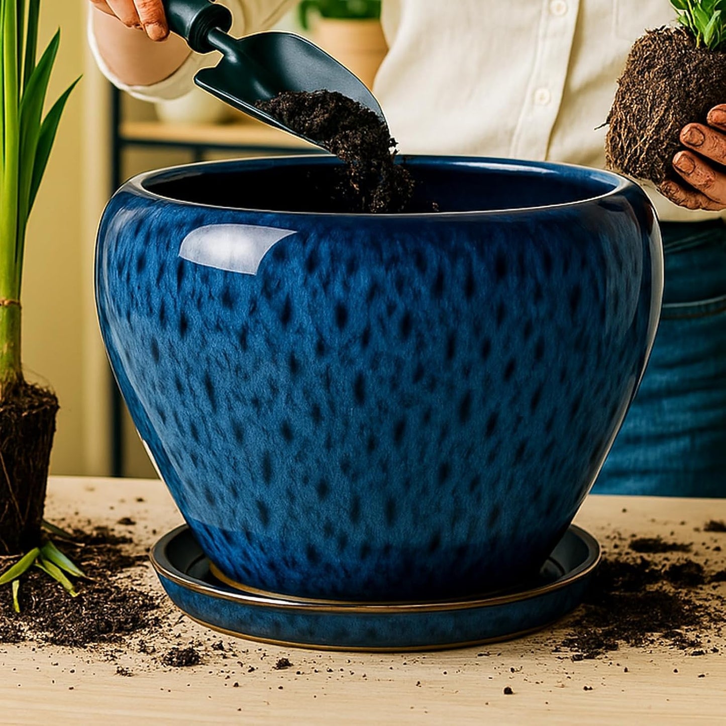 Deep Dream 6 Inch Plant Pots- Ceramic Planter Pot with Drainage Hole and Saucer, Round Flower Pot for Indoor Outdoor Succulent, Snake Plants and Cactus, Blue