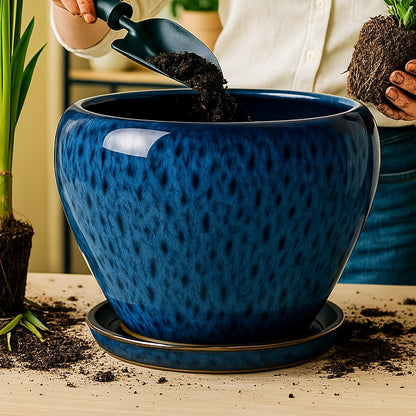 Deep Dream 6 Inch Plant Pots- Ceramic Planter Pot with Drainage Hole and Saucer, Round Flower Pot for Indoor Outdoor Succulent, Snake Plants and Cactus, Blue