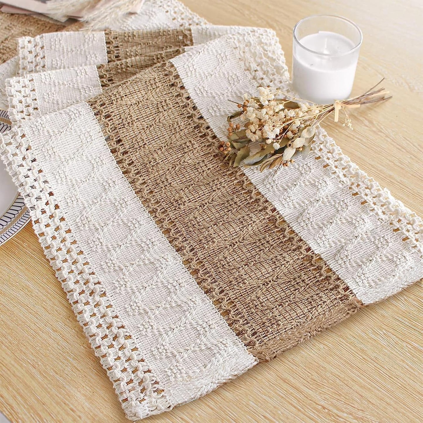 FEXIA Boho Table Runner for Thanksgiving Fall Christmas Home Decor with Tassels 72 Inches Long Pottery barn Furniture Farmhouse Rustic Macrame Burlap Table Decoration for Living Room (12x72 Inches)