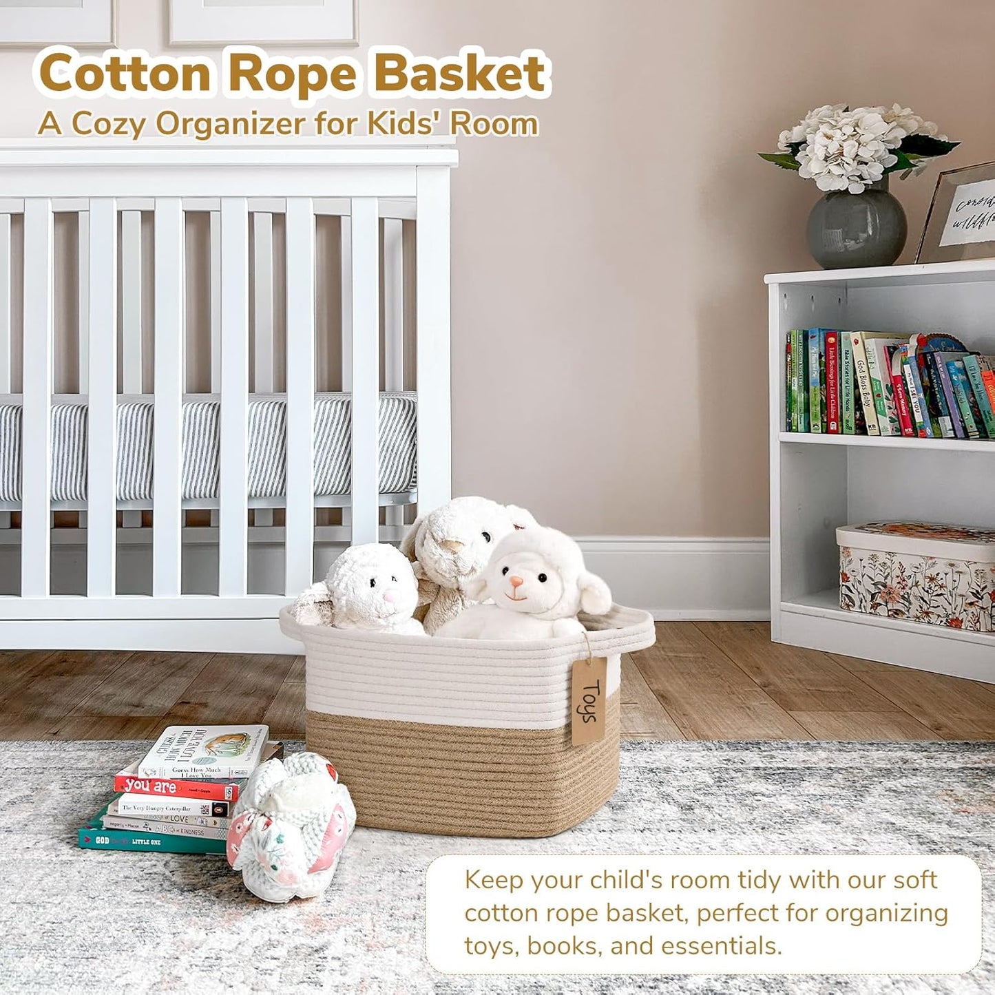 Goodpick Woven Storage Basket, Cotton Rope Basket for Dog Toys, Books, Stylish Gift Basket with Handles, 13 x 10 x 9 Inches Square Baskets for Organizing, Brown and White