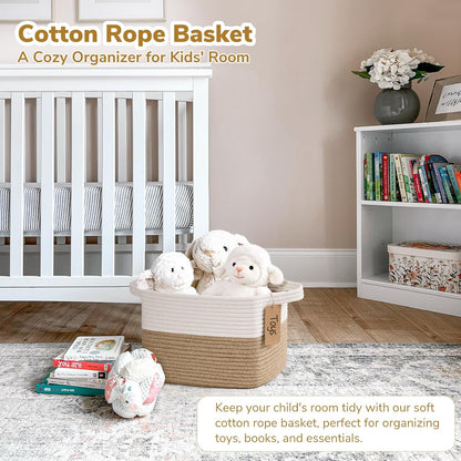Goodpick Woven Storage Basket, Cotton Rope Basket for Dog Toys, Books, Stylish Gift Basket with Handles, 13 x 10 x 9 Inches Square Baskets for Organizing, Brown and White