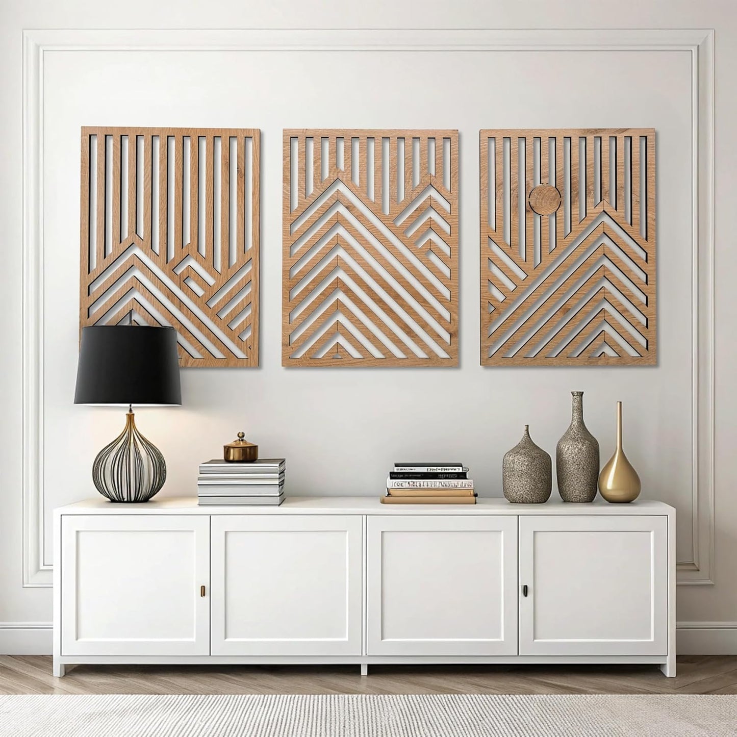 qmmp Modern Wooden Wall Sculptures - Set of 3 - Home Decor Accent - Large Wall Art for Living Room, Bedroom, Office - Easy Installation (Oak, Medium - Mountain and Sun)