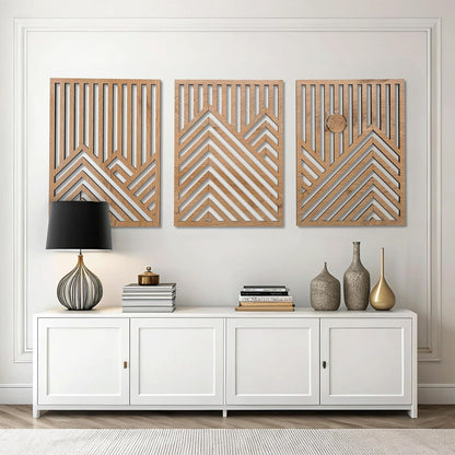 qmmp Modern Wooden Wall Sculptures - Set of 3 - Home Decor Accent - Large Wall Art for Living Room, Bedroom, Office - Easy Installation (Oak, Medium - Mountain and Sun)