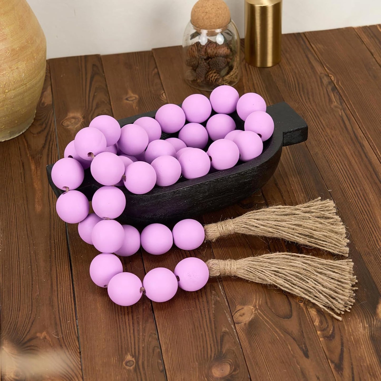 OMISHE Extra Large Wood Bead Garland with 1.6" Diameter Wooden Beads and Tassels, 41" Long Rustic Farmhouse Country Decorative Beads for Home Tiered Tray Decor, Natural Beige