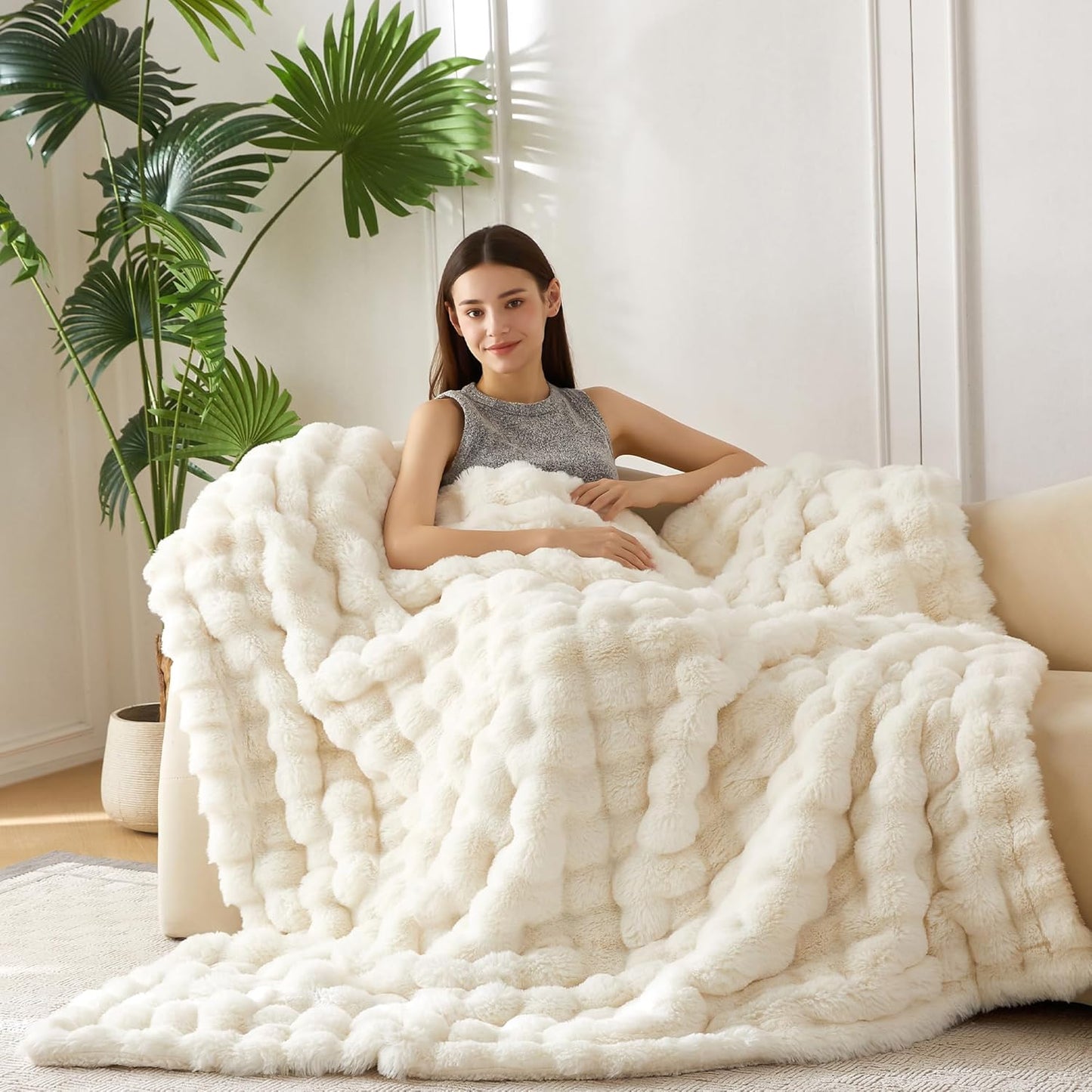 COOVA Faux Fur Throw Blanket for Couch, Cozy Soft and Fuzzy Plush Rabbit Fur Bubble Blanket for Sofa Bedroom Living Room, 50x60 Inches Tie Dye Brown