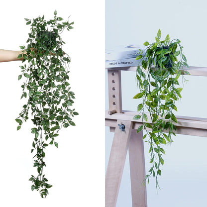 Sggvecsy Fake Hanging Plants 6 Pack Artificial Hanging Eucalyptus Plants Potted Greenery Faux Mandala Vine String of Pearls Boston Fern Ivy Vine Leaves Pea Pod for Home Indoor Outdoor Shelf Wall Decor