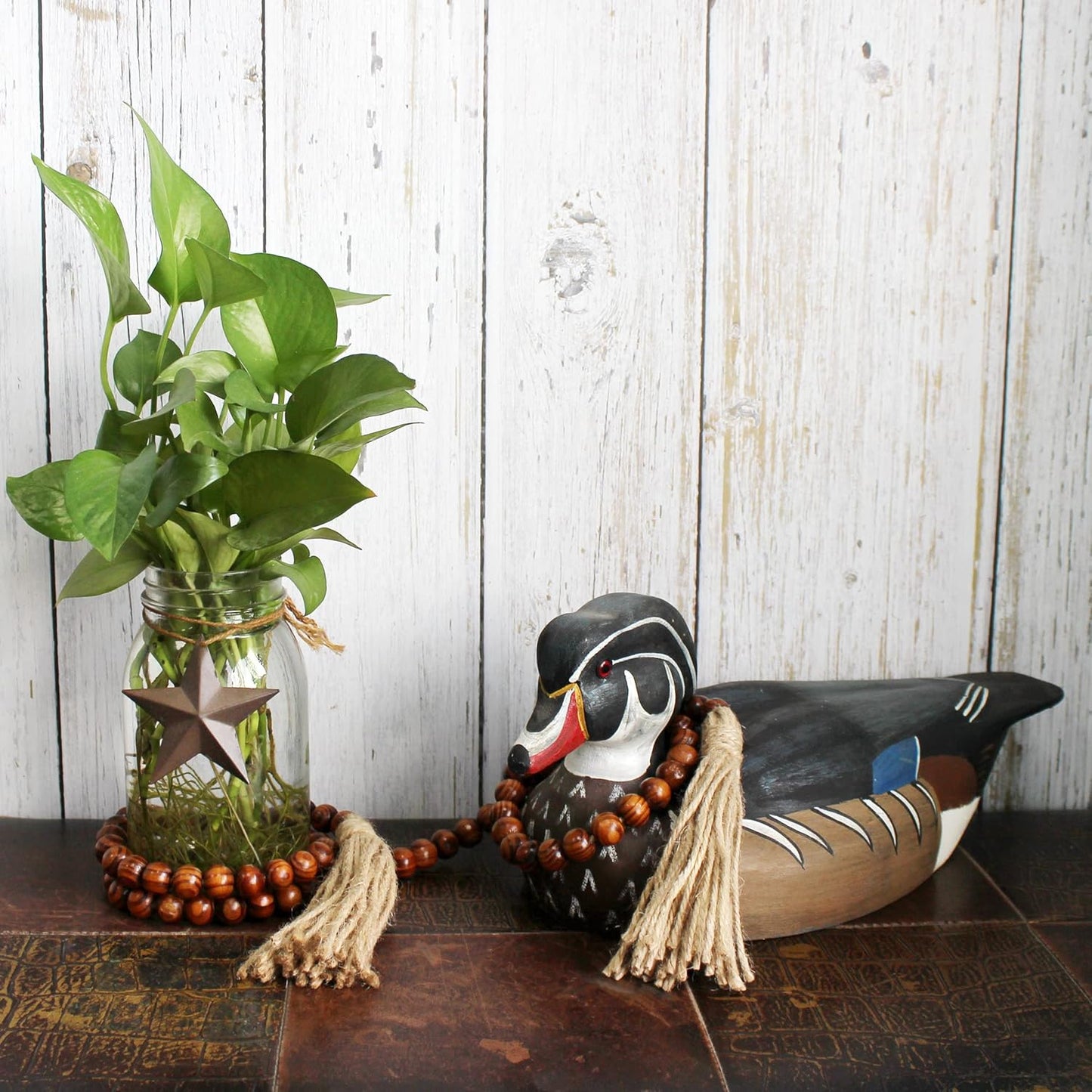 CVHOMEDECO. Wood Beads Garland with Tassels Farmhouse Rustic Wooden Prayer Bead String Wall Hanging Accent for Home Festival Decor. Mix Distressed