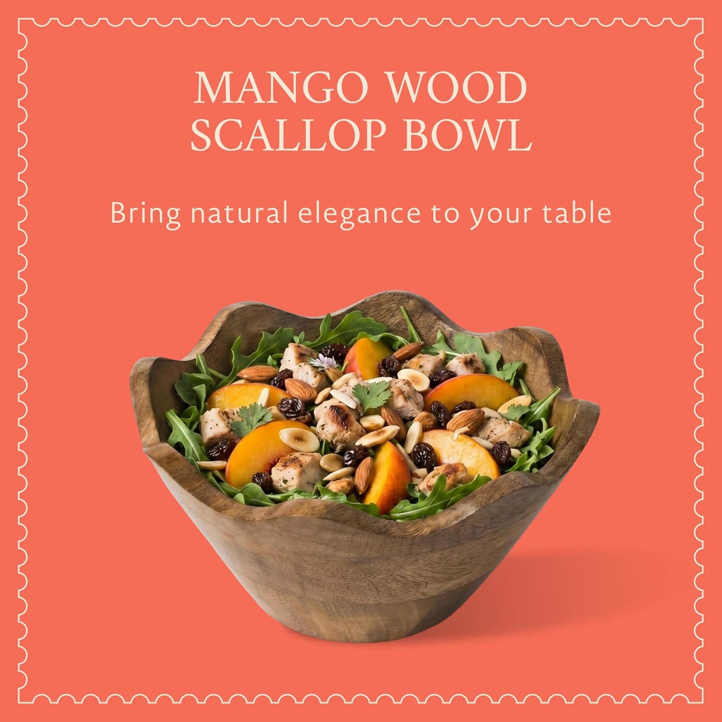 Mela Artisans 12-Inch Mango Wood Scalloped Bowl - Hand-Finished Decorative Serving and Fruit Bowl with Natural Grain for Kitchen Counter, Snacks, Desserts, Bread and Home Decor Centerpiece