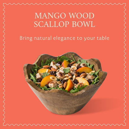 Mela Artisans 12-Inch Mango Wood Scalloped Bowl - Hand-Finished Decorative Serving and Fruit Bowl with Natural Grain for Kitchen Counter, Snacks, Desserts, Bread and Home Decor Centerpiece