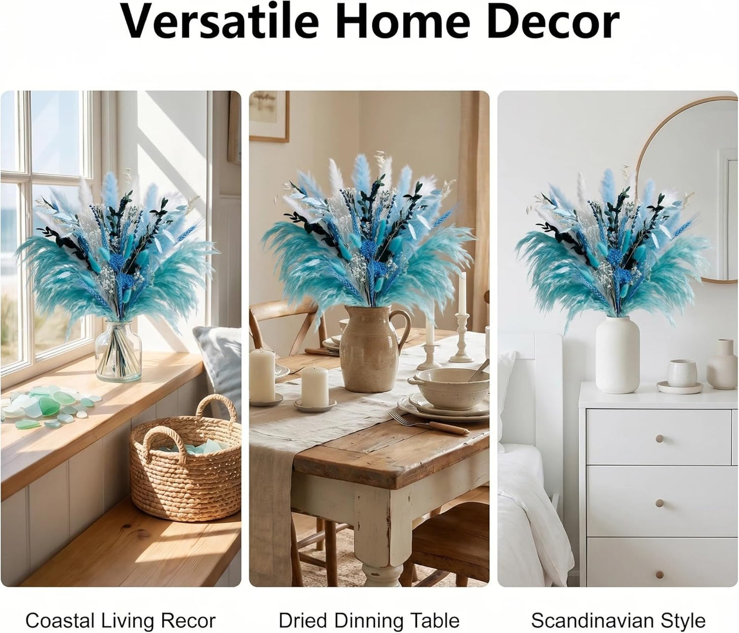 Pampas Grass Decor Dried Flowers with Blue Pampas Grass Boho Floral Arrangements for Home Office Wedding Centerpieces Rustic Blue Flowers Decor