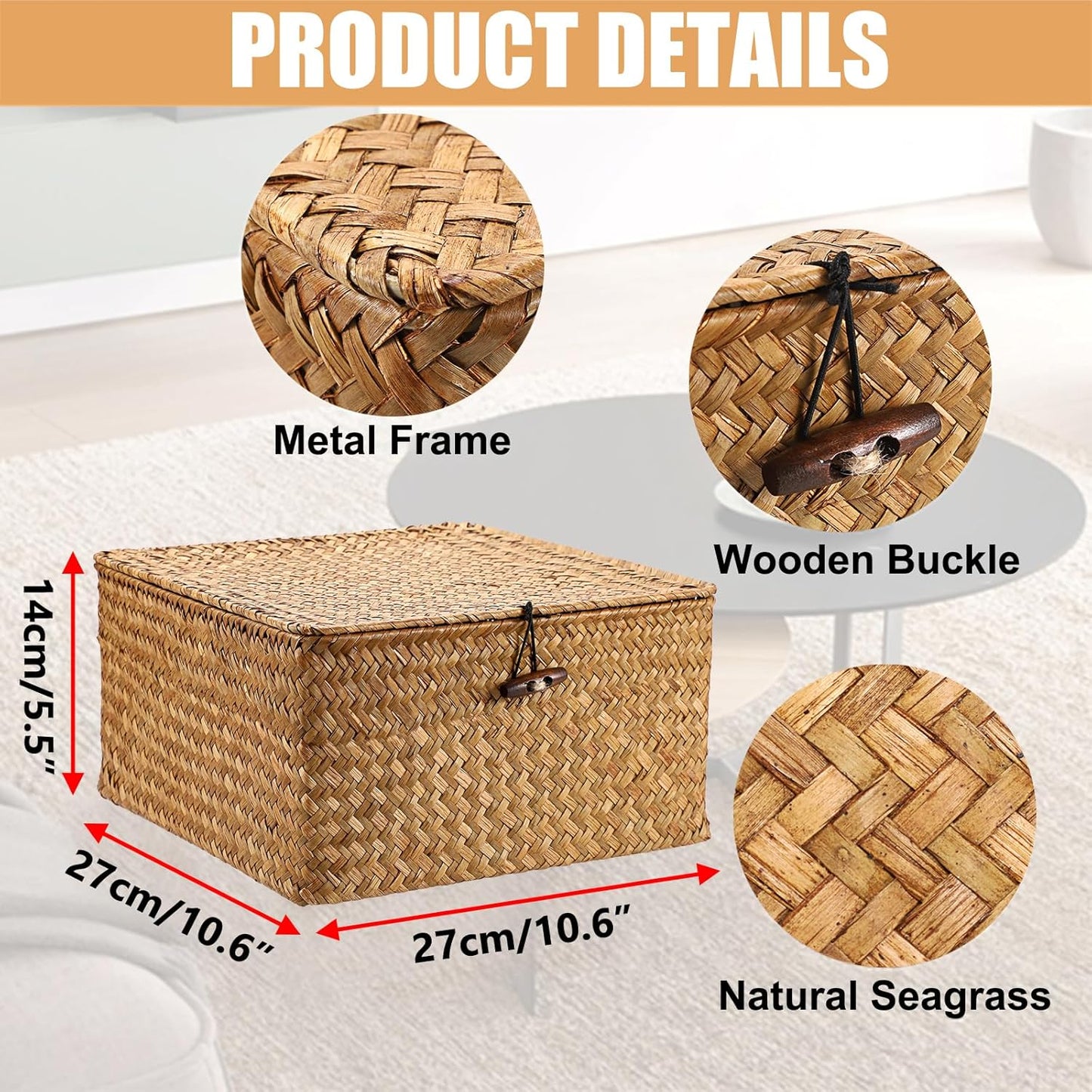 Hipiwe Seagrass Basket with Lid Wicker Storage Basket Square Handwoven Decorative Baskets Box for Shelf Multipurpose Household Baskets Home Decor,X-small