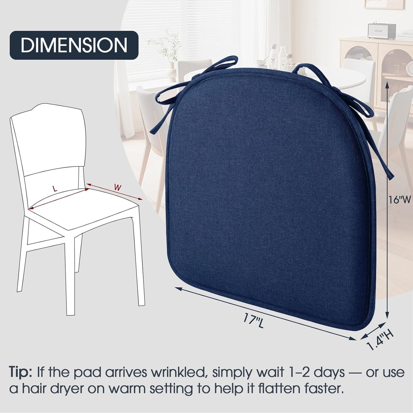 TushGuard Chair Cushions for Dining Chairs Set of 4, Soft Seat Cushions for Kitchen Chairs, Non-Slip Bottom with Ties, Comfortable Everyday Chair Pads, Grey