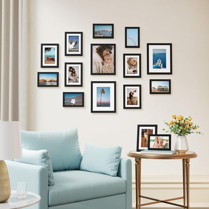 Vittanly 15 Pack Picture Frames Collage Wall Decor for Mounting or Tabletop Display, Gallery Frame Set for Family, Multi Sizes Including 3pcs 8x10, 6pcs 5x7, 6pcs 4x6, Black