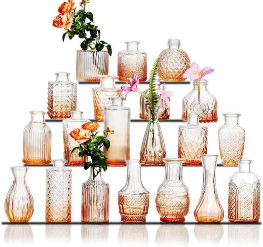 Glass Bud Vase Set of 20 - Small Vases for Flowers in Bulk - Assorted Vintage Crystal Vases for Flowers, Table Centerpieces (Clear, 20 Pcs)