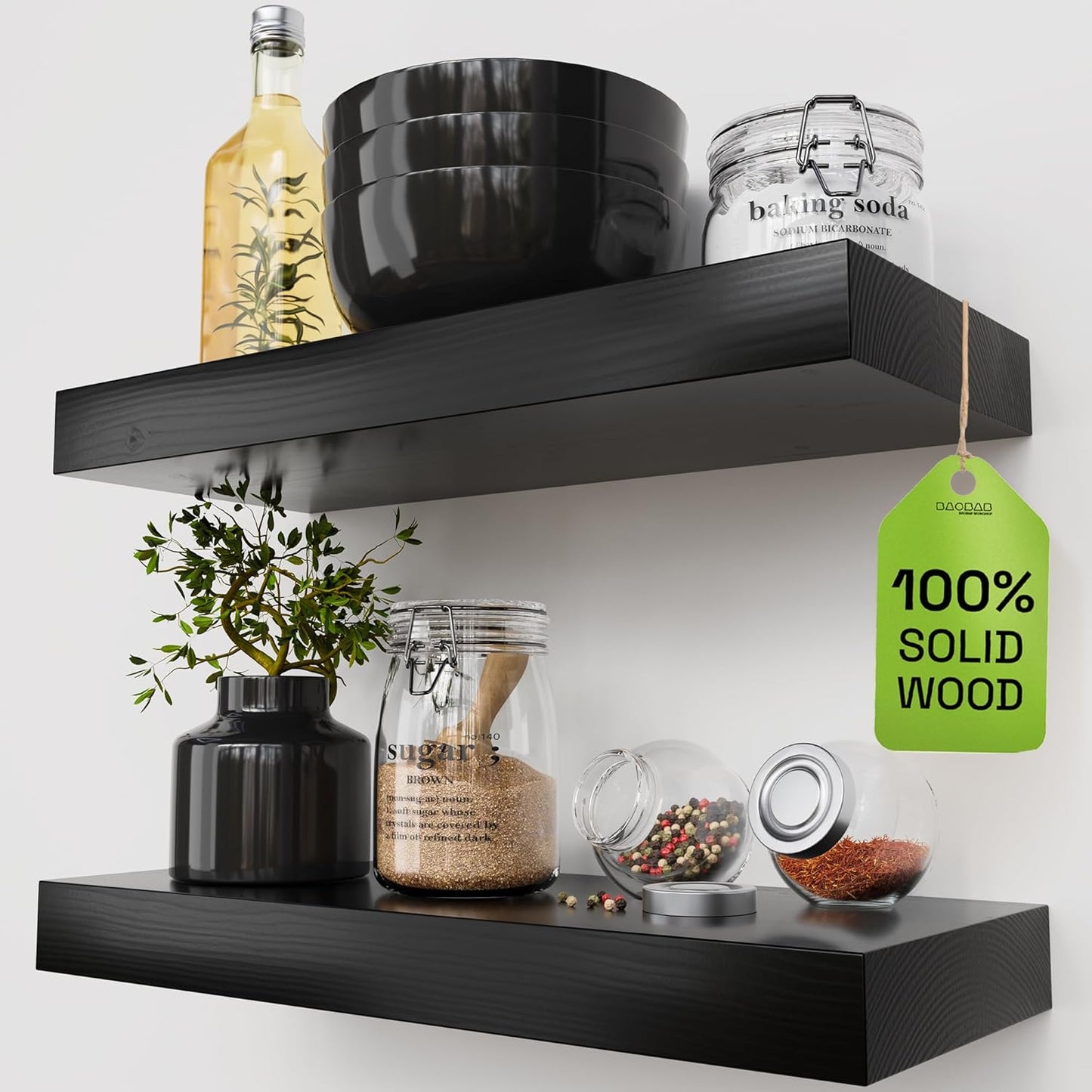 BAOBAB WORKSHOP Wood Floating Shelves for Wall Mounted, 16 inch Walnut Floating Shelf for Bathroom, Solid Wooden Wall Shelves for Kitchen Bedroom Farmhouse, Walnut Finish, 16 x 6.7, Set of 2
